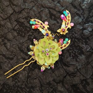 金色鏤空綠葉亮片花卉髮簪